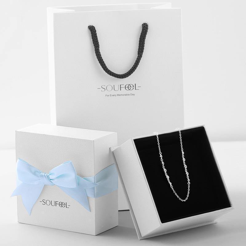17.7in Silver Cable Chain Basic Necklace With CZ Beads - Length Adjustable