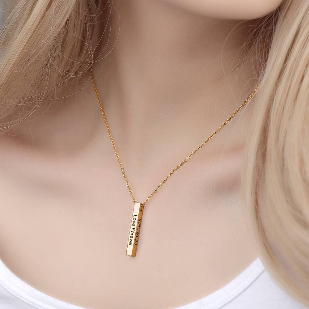 3D Engraving Bar Necklace, 4 Sided Vertical Name Necklace Rose Gold Plated