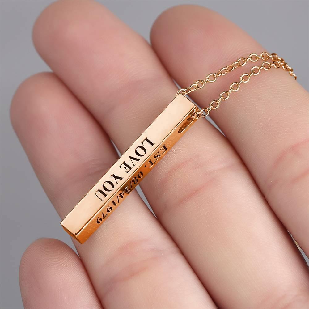3D Engraving Bar Necklace, 4 Sided Vertical Name Necklace Rose Gold Plated