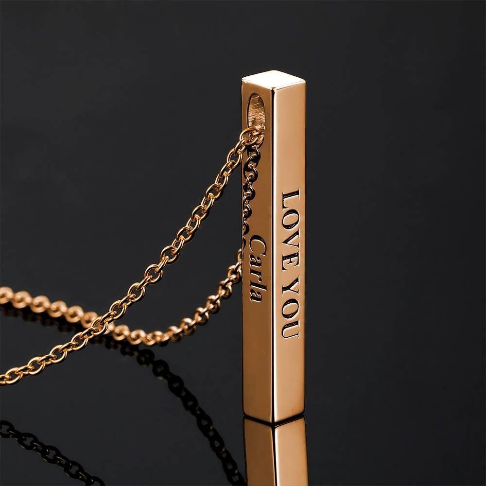 3D Engraving Bar Necklace, 4 Sided Vertical Name Necklace Rose Gold Plated