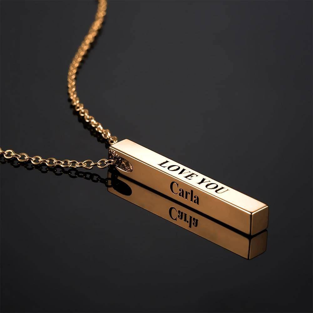 3D Engraving Bar Necklace, 4 Sided Vertical Name Necklace Rose Gold Plated