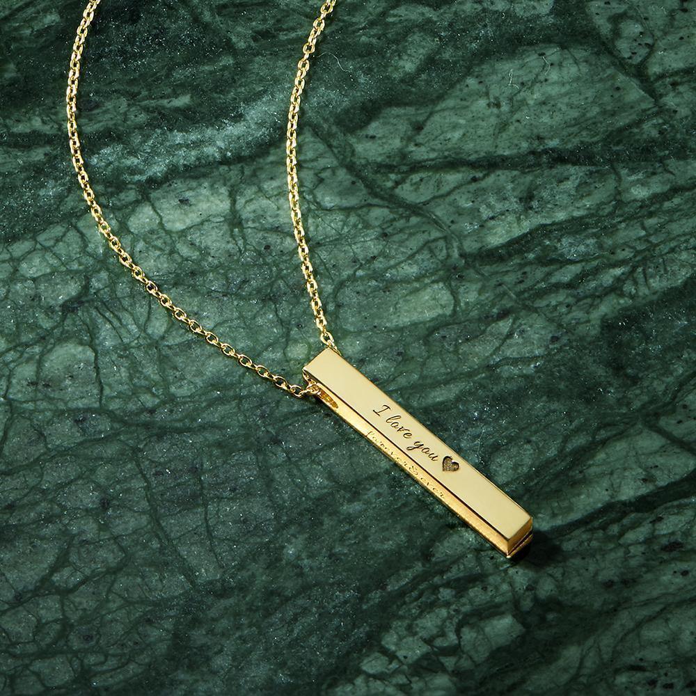 3D Engraving Bar Necklace, 4 Sided Vertical Name Necklace Silver