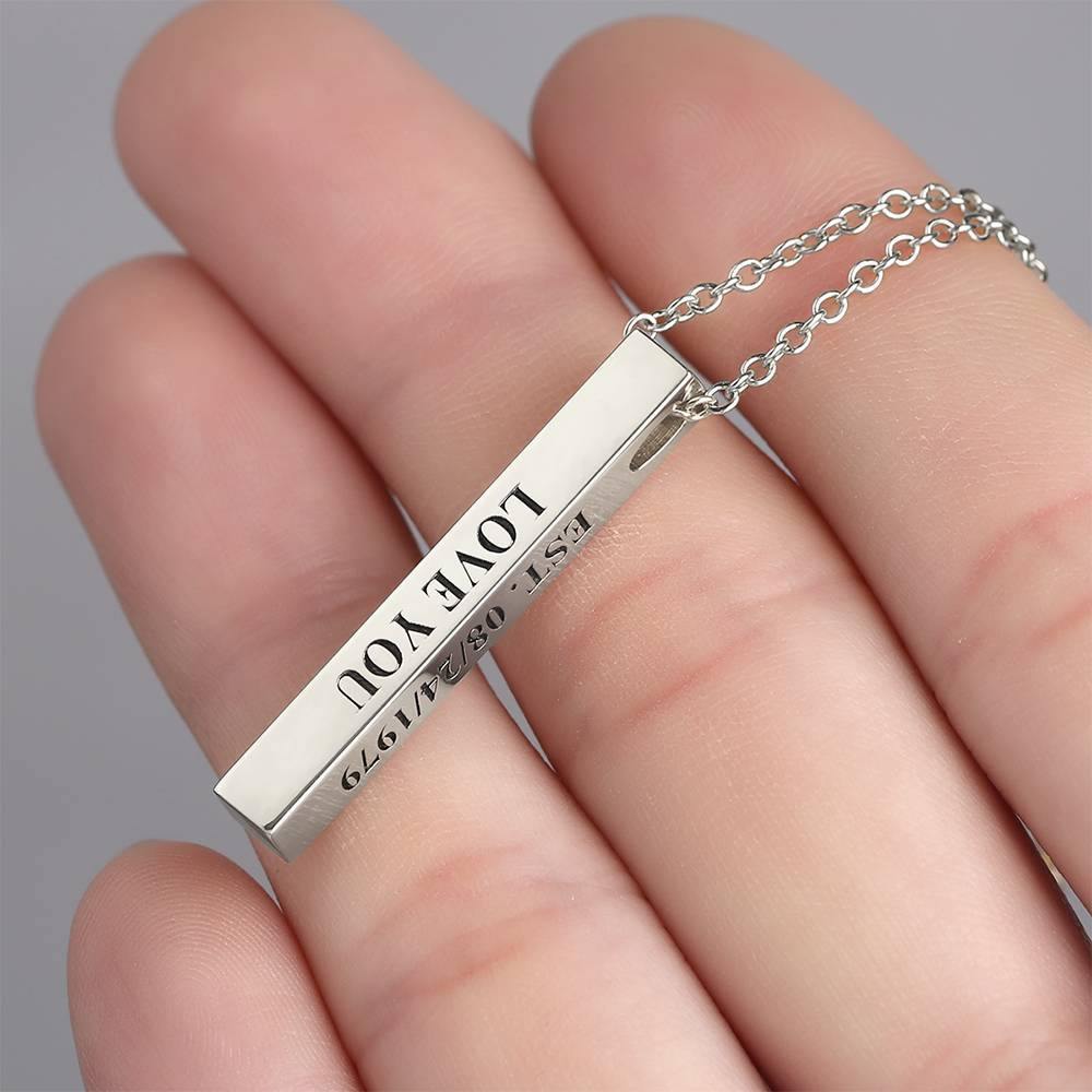 3D Engraving Bar Necklace, 4 Sided Vertical Name Necklace Silver