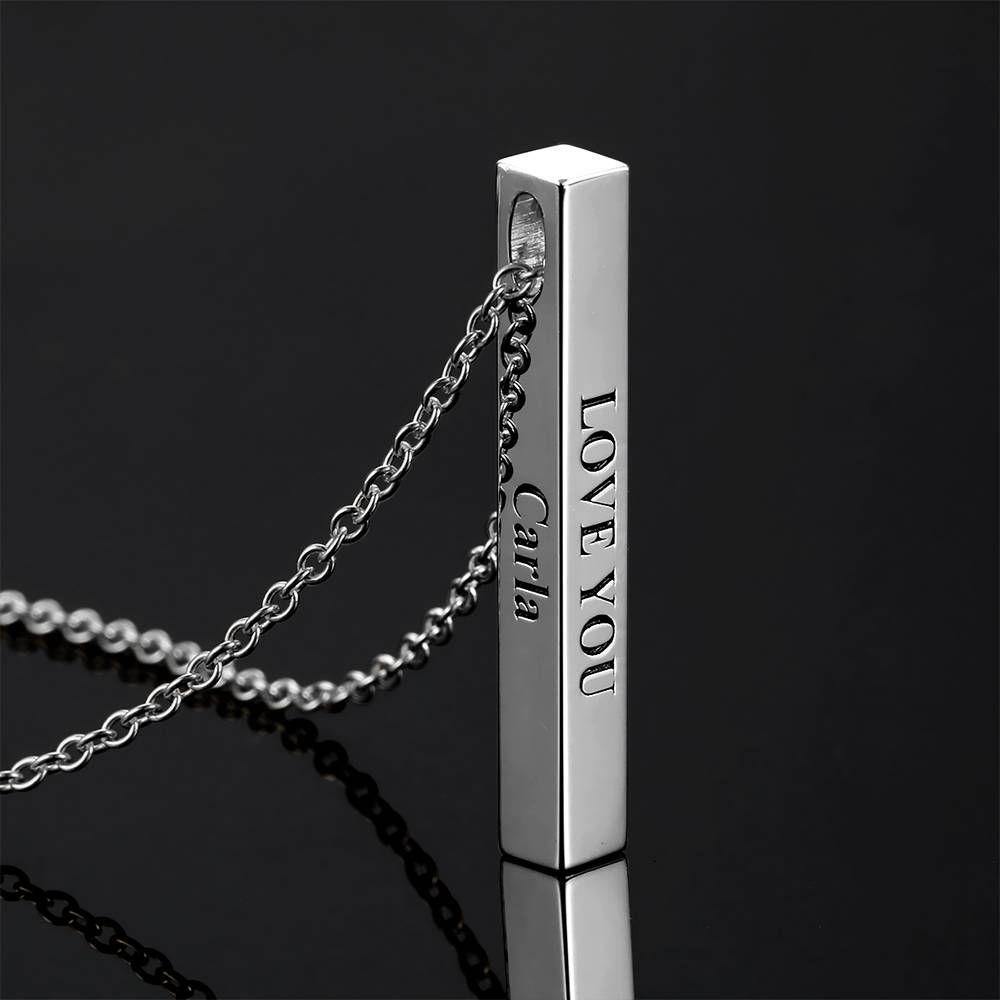 3D Engraving Bar Necklace, 4 Sided Vertical Name Necklace Silver