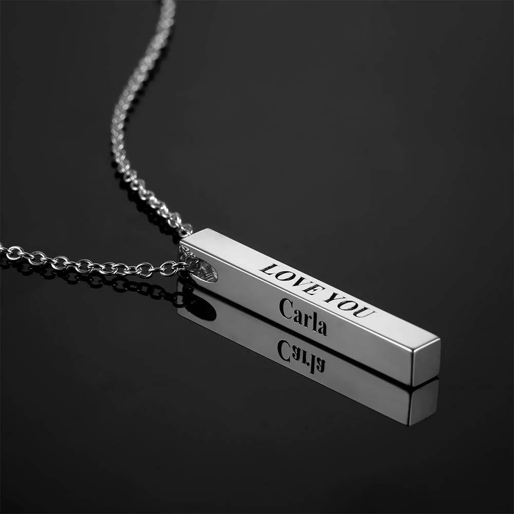 3D Engraving Bar Necklace, 4 Sided Vertical Name Necklace Silver