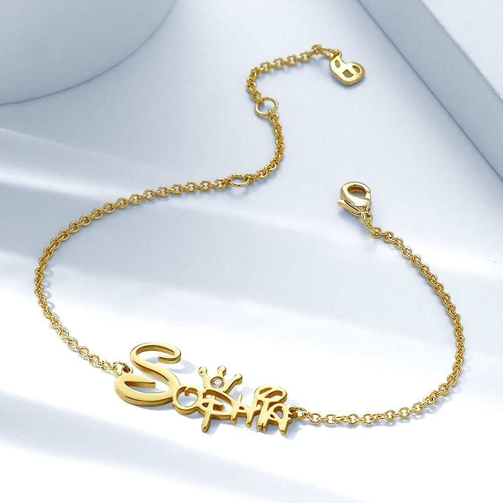 Name Bracelet, Custom Name Bracelet with Crown 14k Gold Plated