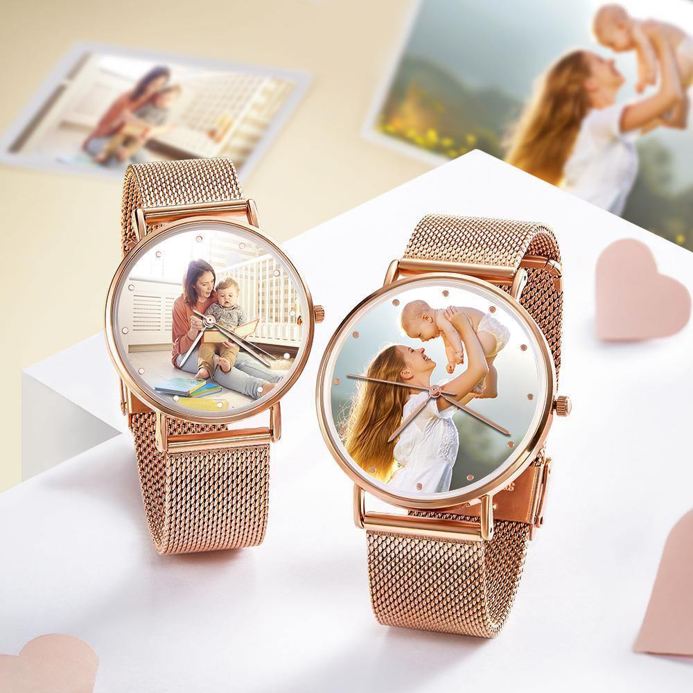 Women's Engraved Rose Gold Alloy Bracelet Photo Watch 36mm