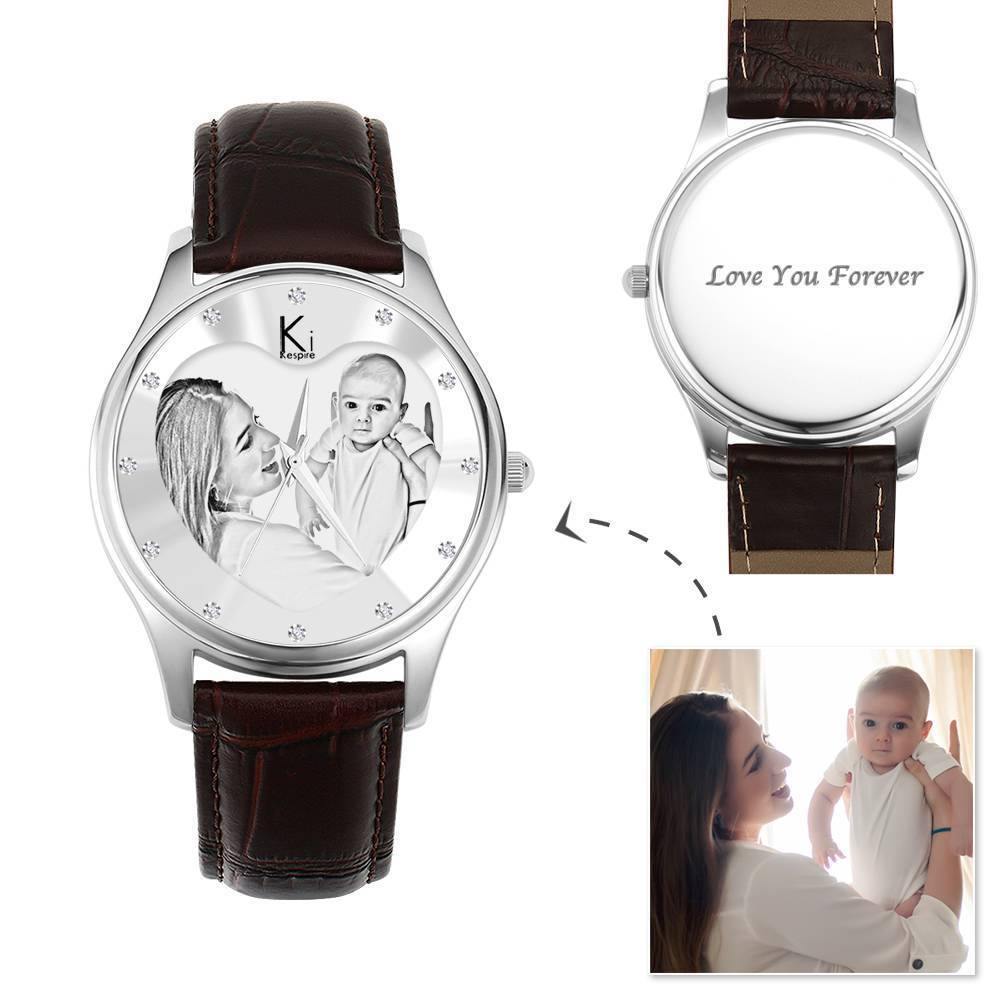 Women's Engraved Photo Watch 40mm Brown Leather Strap- Sketch