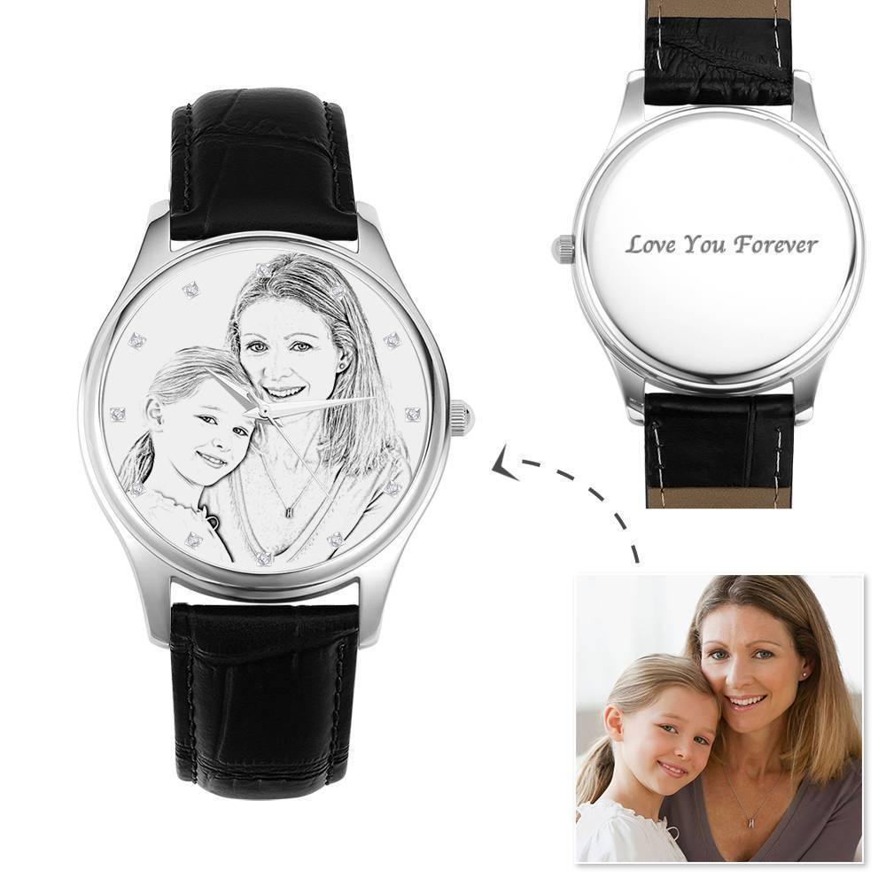 Women's Engraved Photo Watch 40mm Black Leather Strap - Sketch