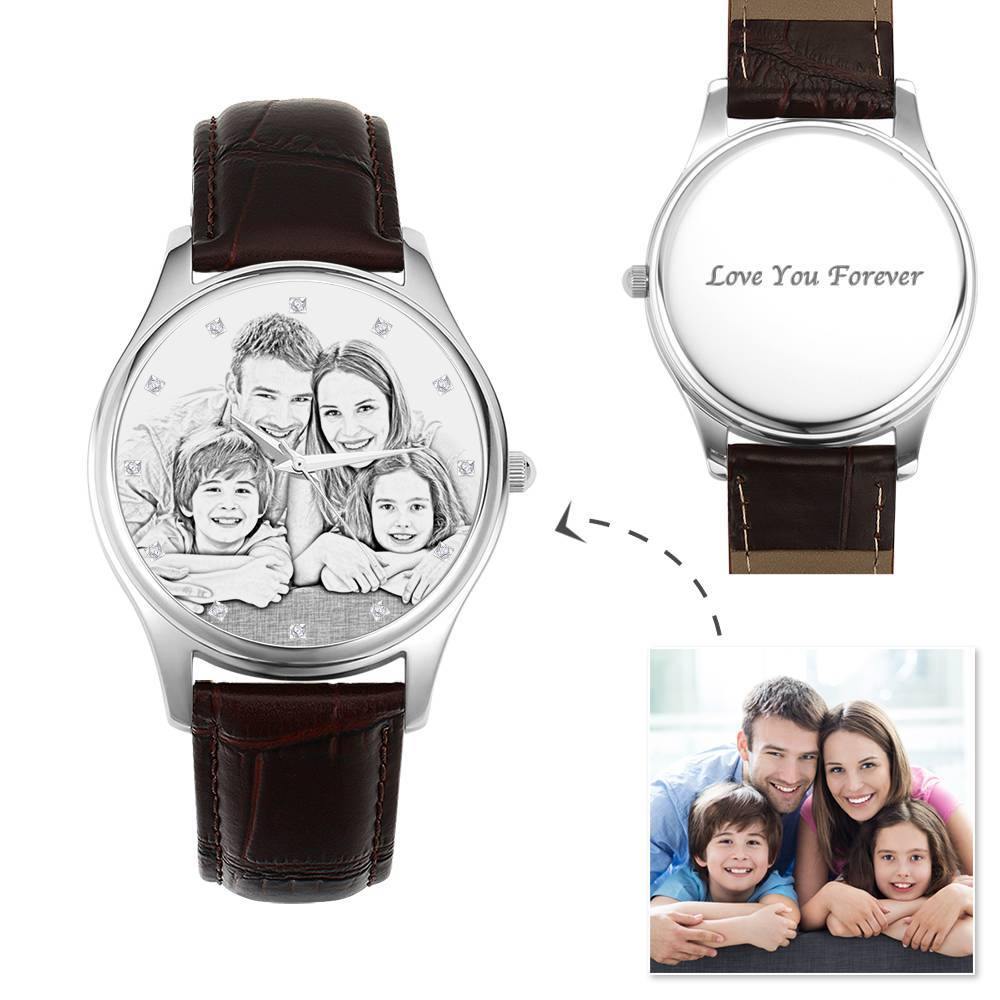 Women's Engraved Photo Watch 40mm Brown Leather Strap - Sketch