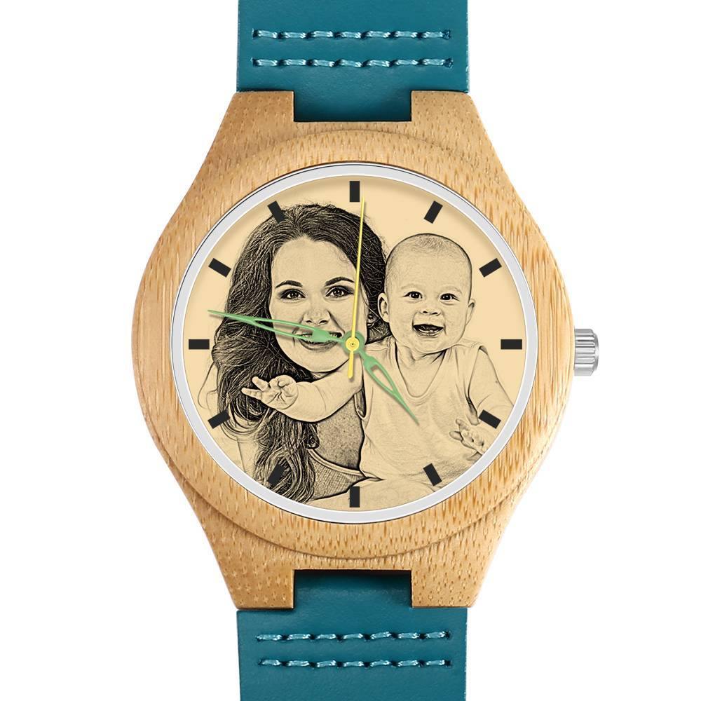 Women's Engraved Wooden Photo Watch Blue Leather Strap - Bamboo