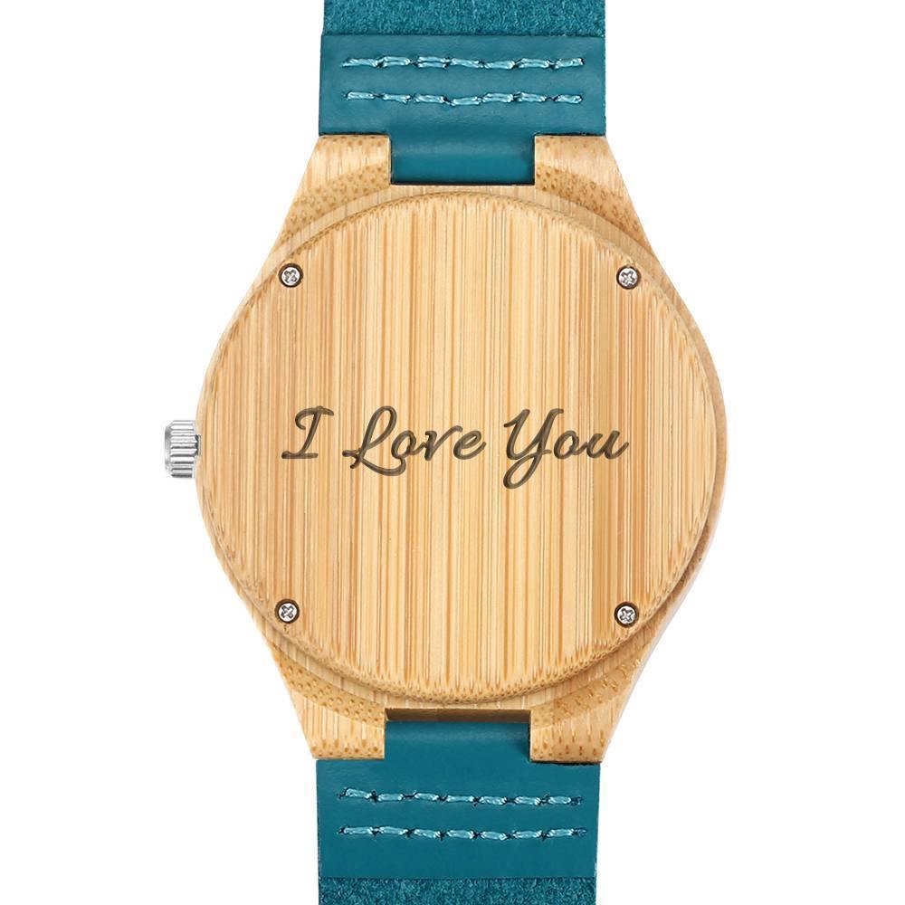 Women's Engraved Wooden Photo Watch Blue Leather Strap - Bamboo
