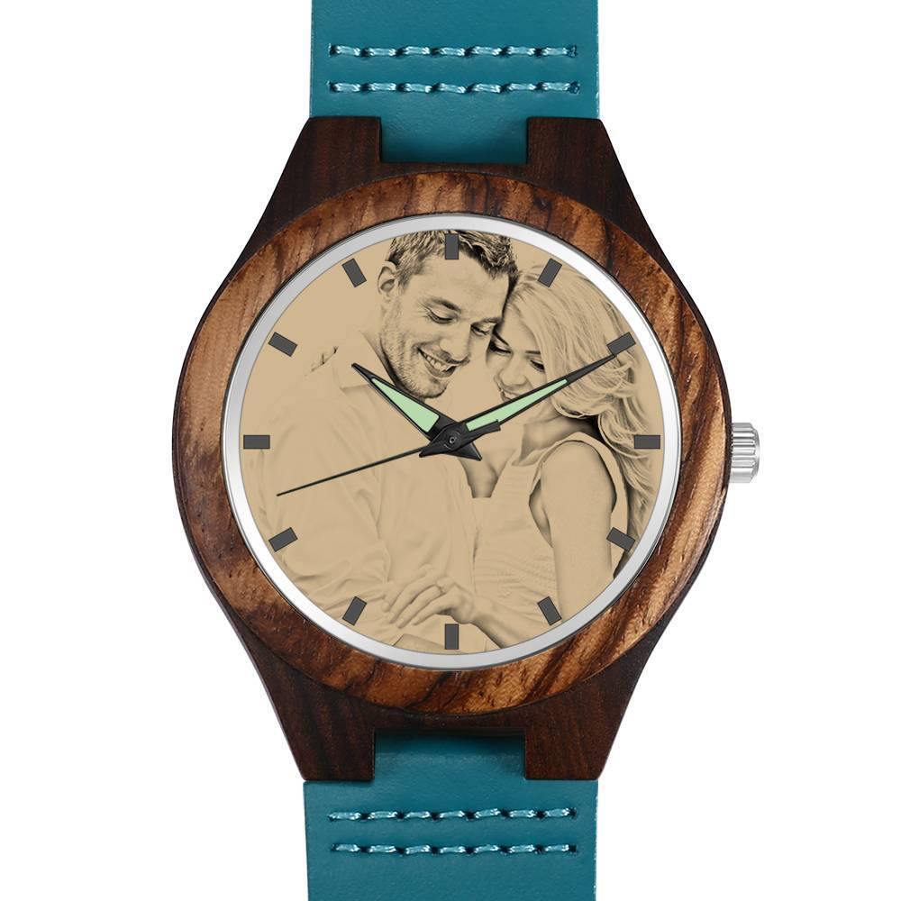 Women's Engraved Wooden Photo Watch Blue Leather Strap - Sandalwood