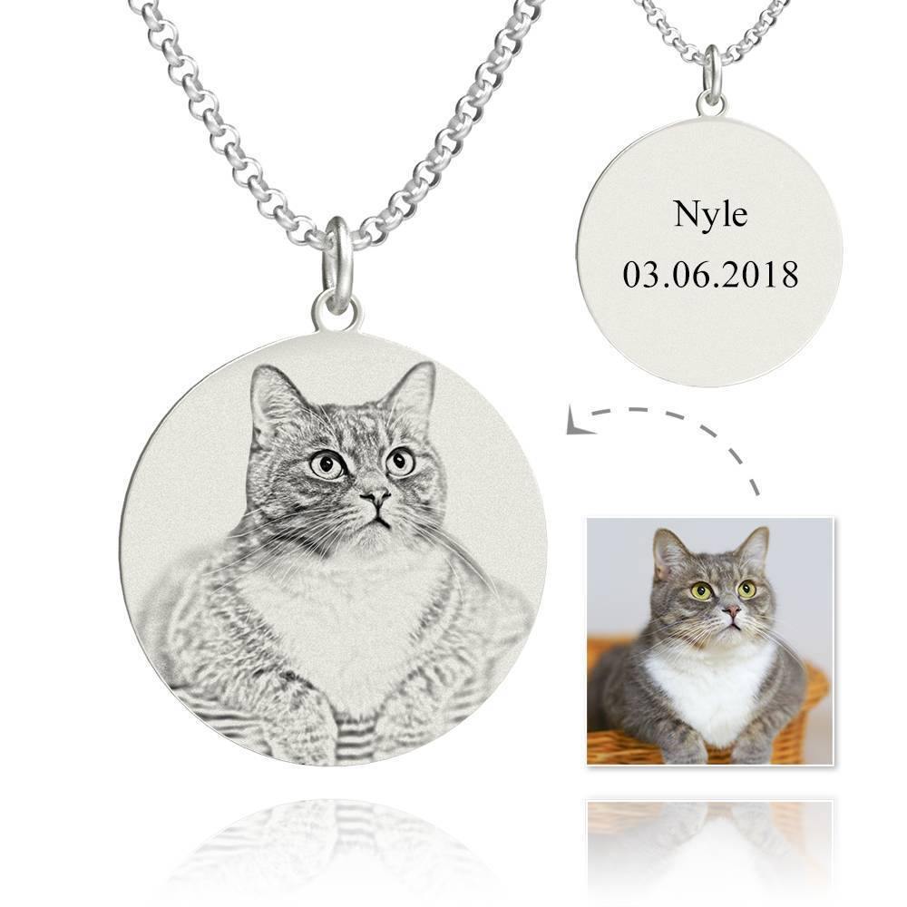 Women's Round Photo Engraved Tag Necklace with Engraving Silver