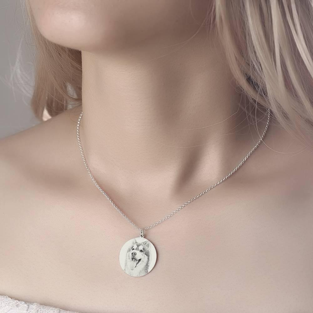 Women's Round Photo Engraved Tag Necklace with Engraving Silver