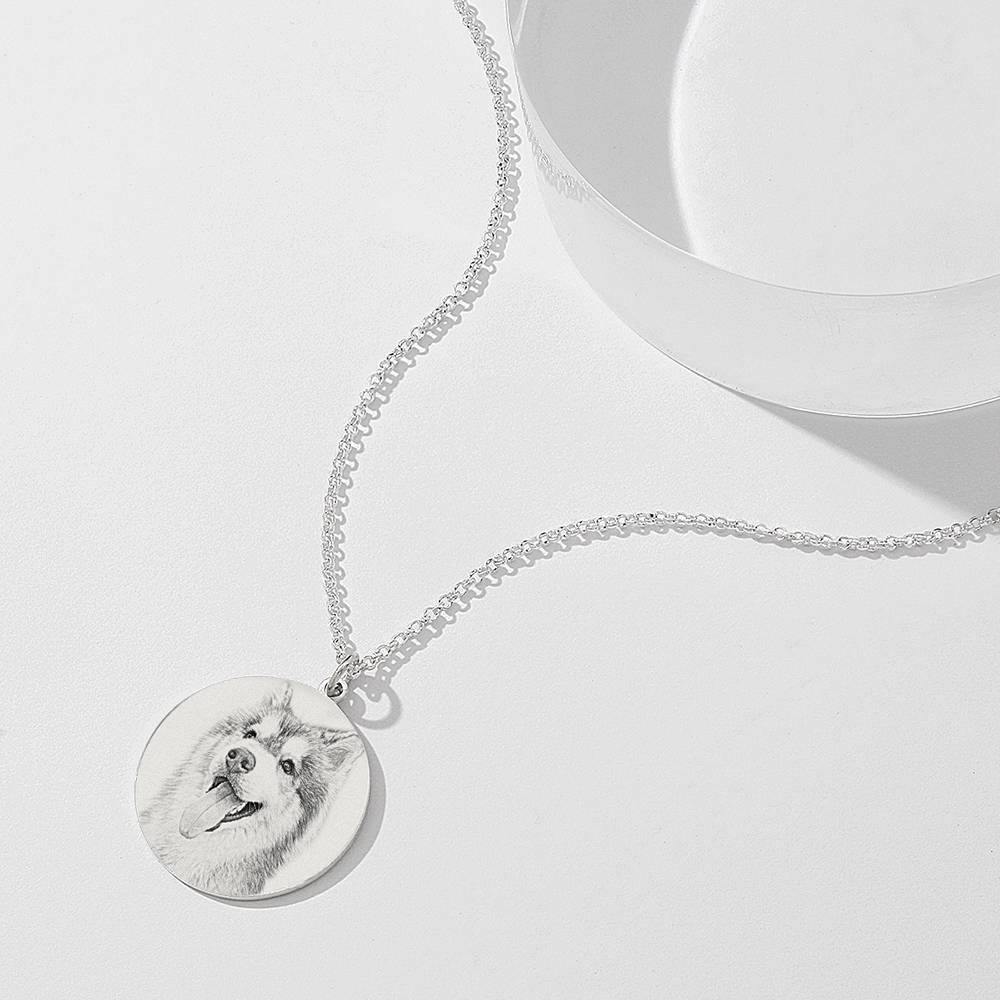 Women's Round Photo Engraved Tag Necklace with Engraving Silver
