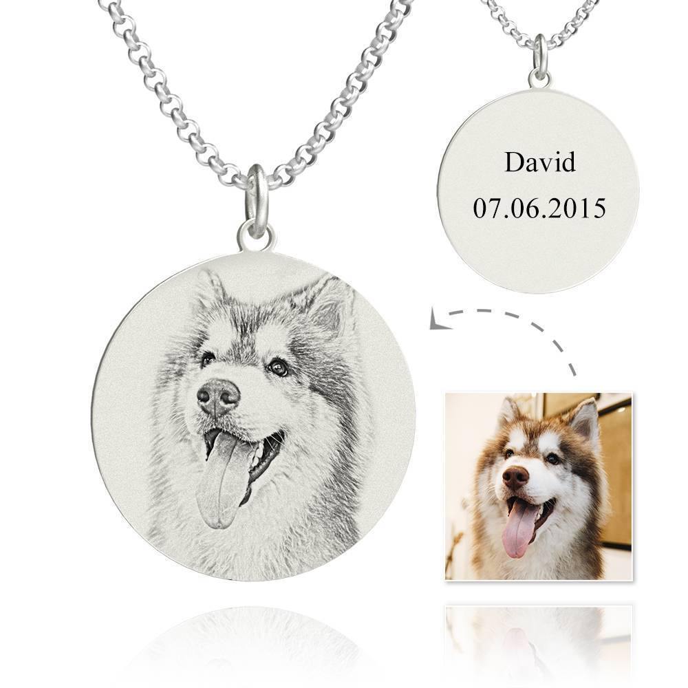 Women's Round Photo Engraved Tag Necklace with Engraving Silver