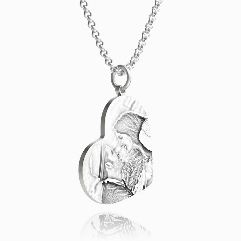 Women's Vertical Heart Photo Engraved Tag Necklace Silver