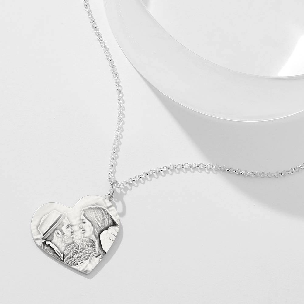 Women's Vertical Heart Photo Engraved Tag Necklace Silver