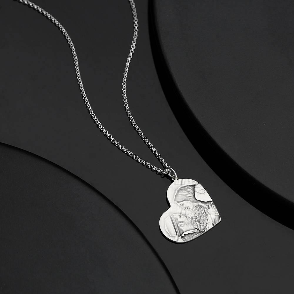 Women's Vertical Heart Photo Engraved Tag Necklace Silver