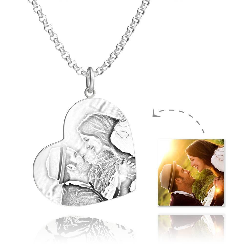 Women's Vertical Heart Photo Engraved Tag Necklace Silver