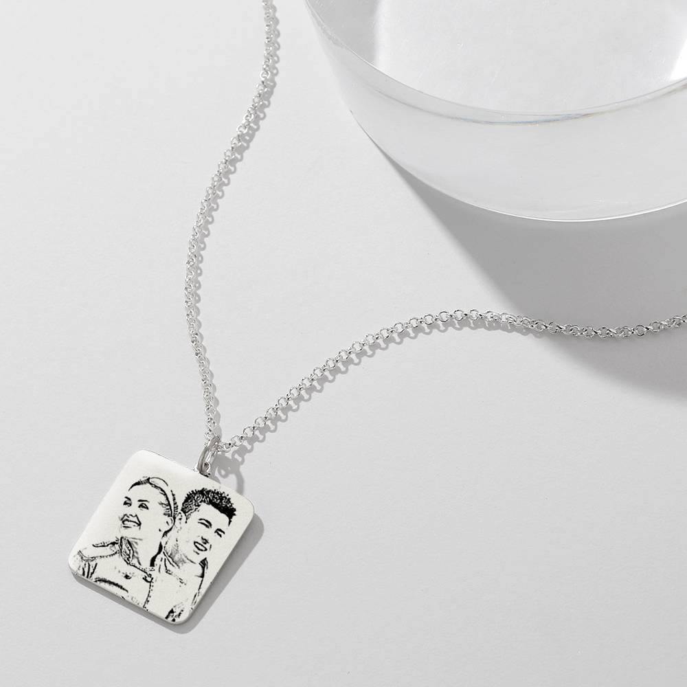 Women's Square Photo Engraved Tag Necklace with Engraving Silver