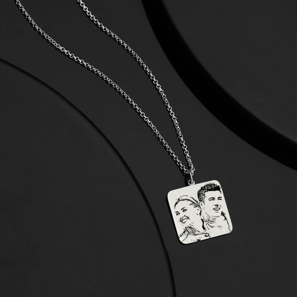 Women's Square Photo Engraved Tag Necklace with Engraving Silver
