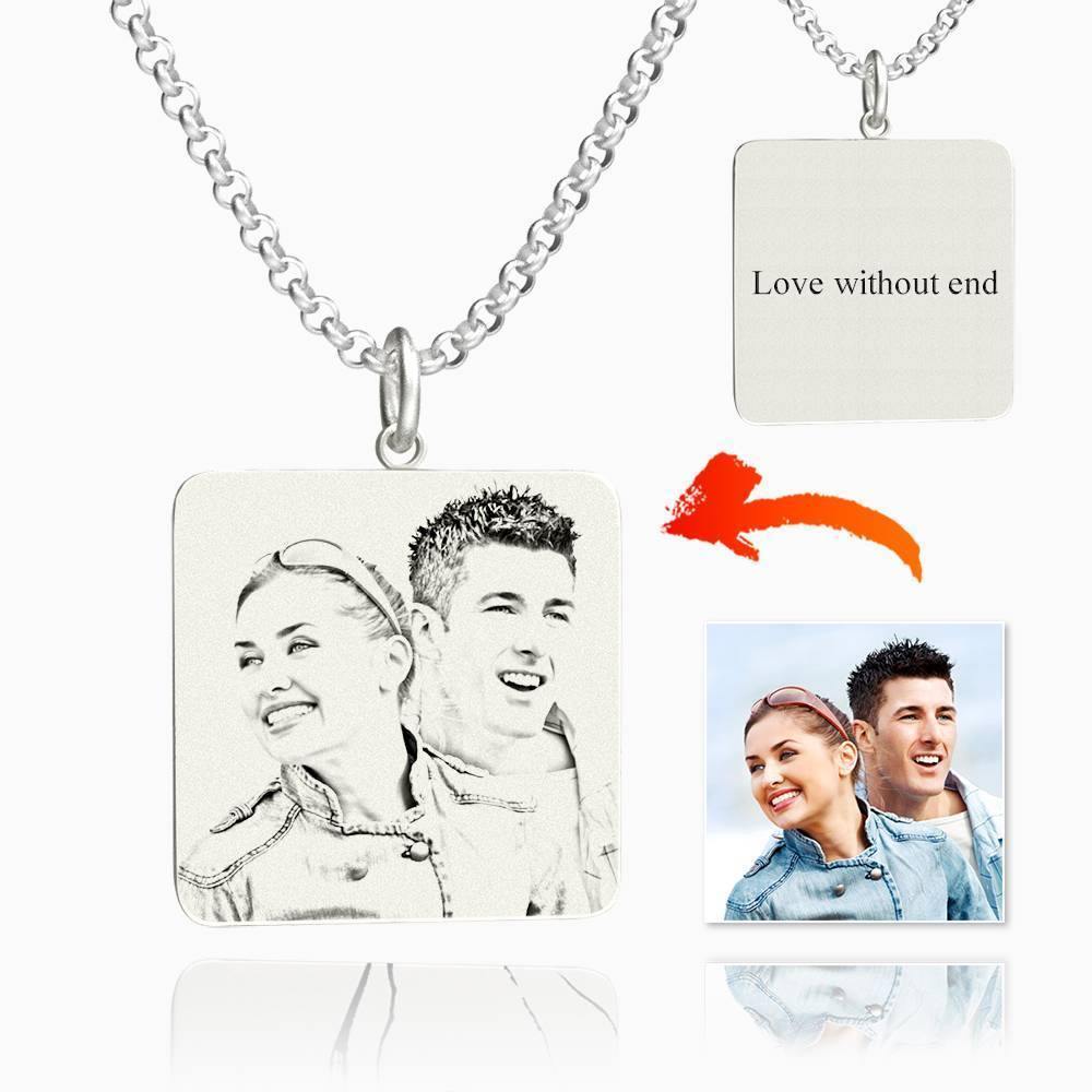 Women's Square Photo Engraved Tag Necklace with Engraving Silver