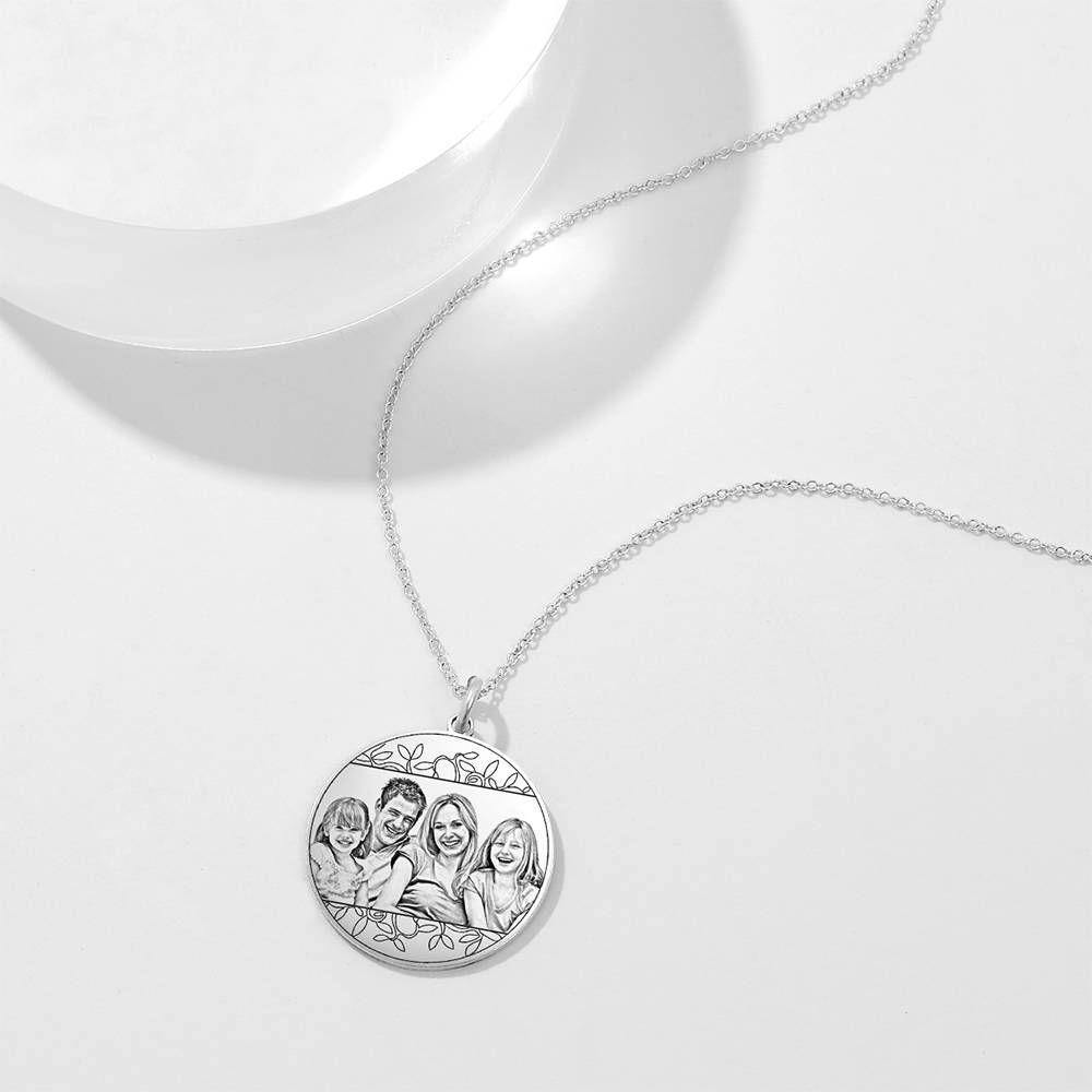 Women's Round Photo Engraved Tag Necklace with Engraving  Silver