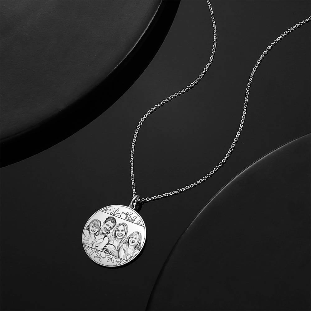Women's Round Photo Engraved Tag Necklace with Engraving  Silver